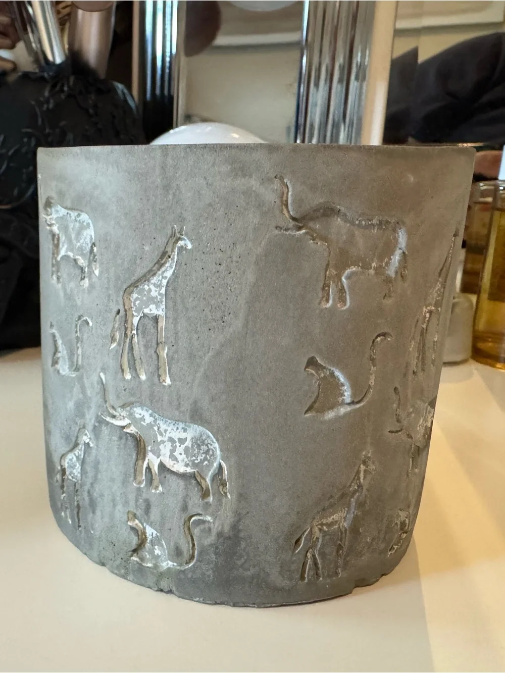 Gray Cement Safari Animal Planter Pot 4” Embossed Elephant Giraffe